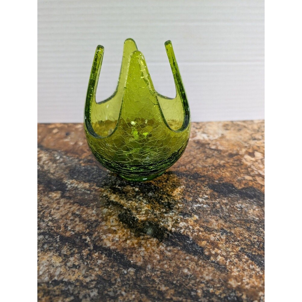 Retro Vintage MCM Viking Crackle Glass Patio Light Green Votive Candle Holder 5"